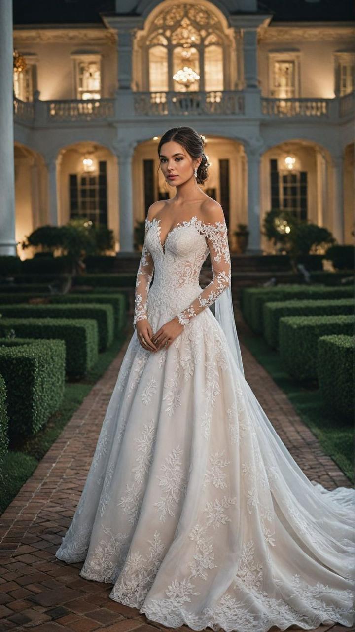 Elegant white wedding gown with lace details
